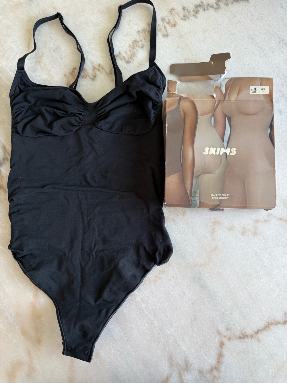 SKIMS Black Seamless Sculpting Bodysuit Thong with Adjustable Straps